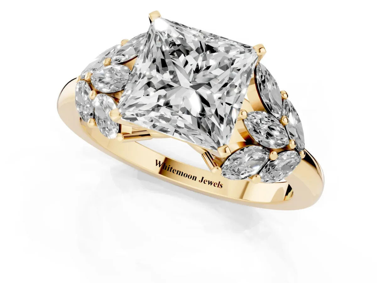 Princess Cut Diamond Cluster Leaf Design Ring with Prong Setting Yellow gold
