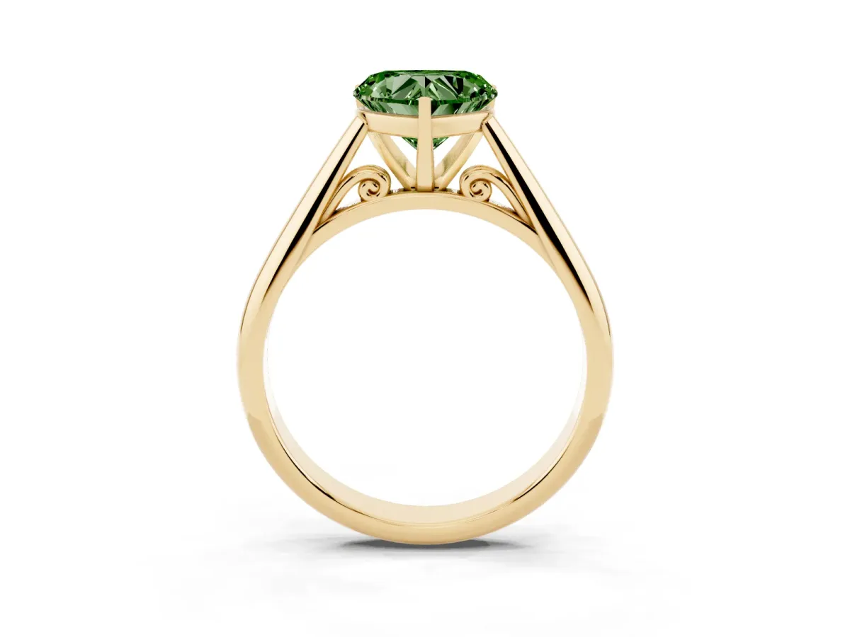 Fancy Green Heart Cut Diamond Solitaire Engagement Ring with Cathedral Setting and Four-Prong Mount Yellow gold