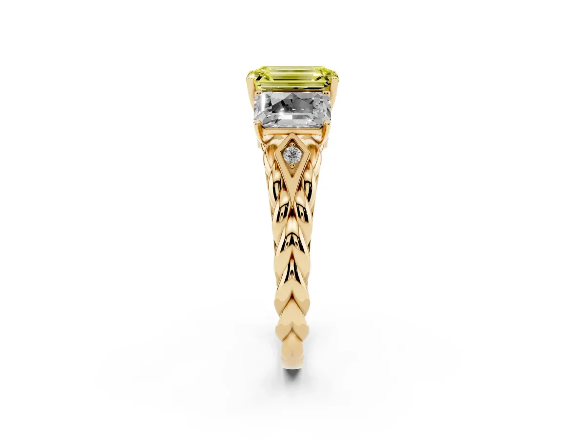 Fancy Yellow Three-Stone Radiant Cut Diamond Braided Band Ring with Four-Prong Setting Yellow gold