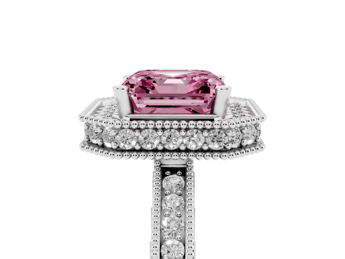 Fancy Pink Asscher Cut Diamond Milgrain Halo Engagement Ring with Round Pavé Band and Prong Setting Platinum