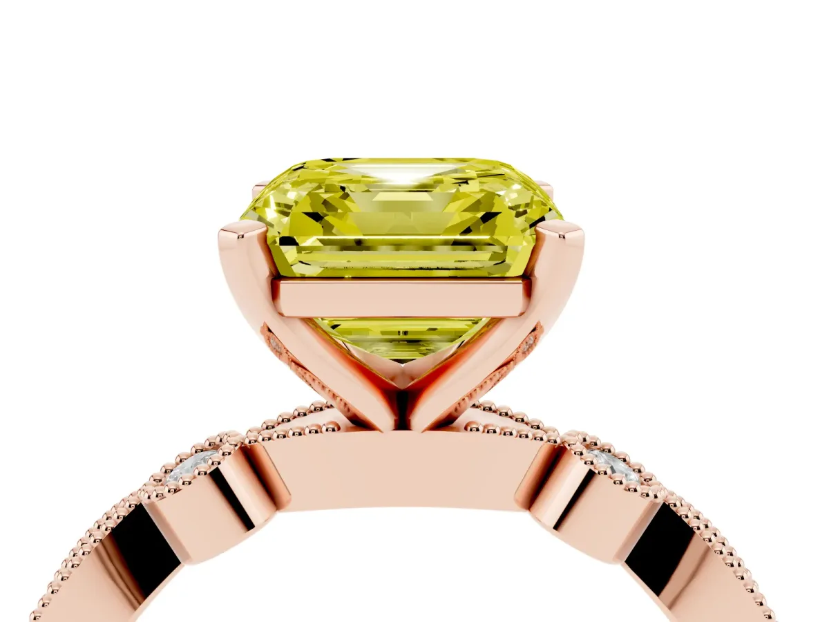 Fancy Yellow Asscher Cut Milgrain Bezel Diamond Engagement Ring with Solitaire Prong Setting Rose gold