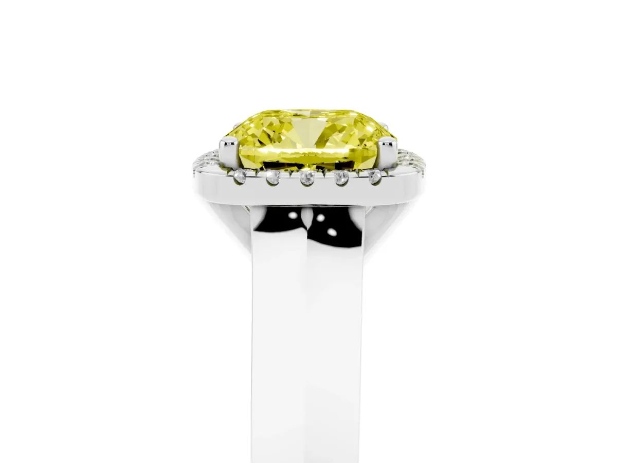 Fancy Yellow Cushion Cut Halo Diamond Ring with Cathedral Band and Four-Prong Setting Silver
