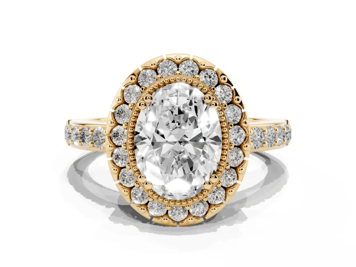 Oval Cut Diamond Halo Ring with Pavé Band and Prong Setting Yellow gold