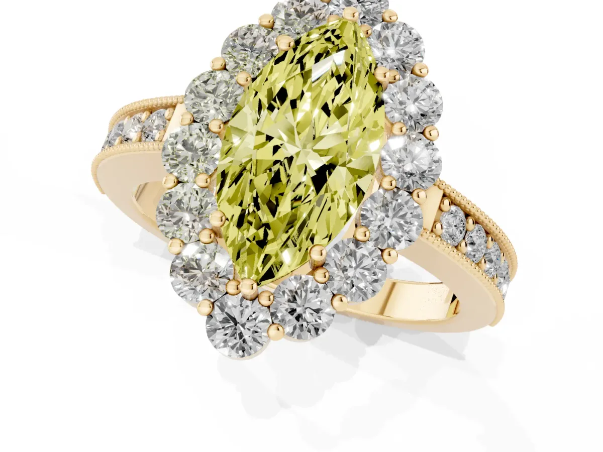 Fancy Yellow Marquise Cut Cut Halo Diamond Pavé Engagement Ring with Milgrain Detailing Yellow gold