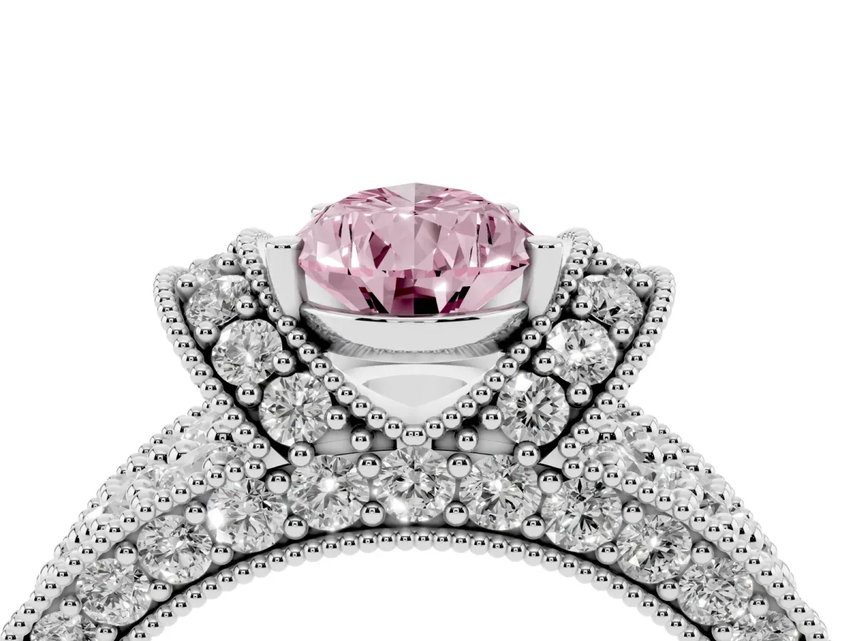 Fancy Pink Pear Cut Halo Pave Diamond Engagement Ring with Milgrain Detailing Silver