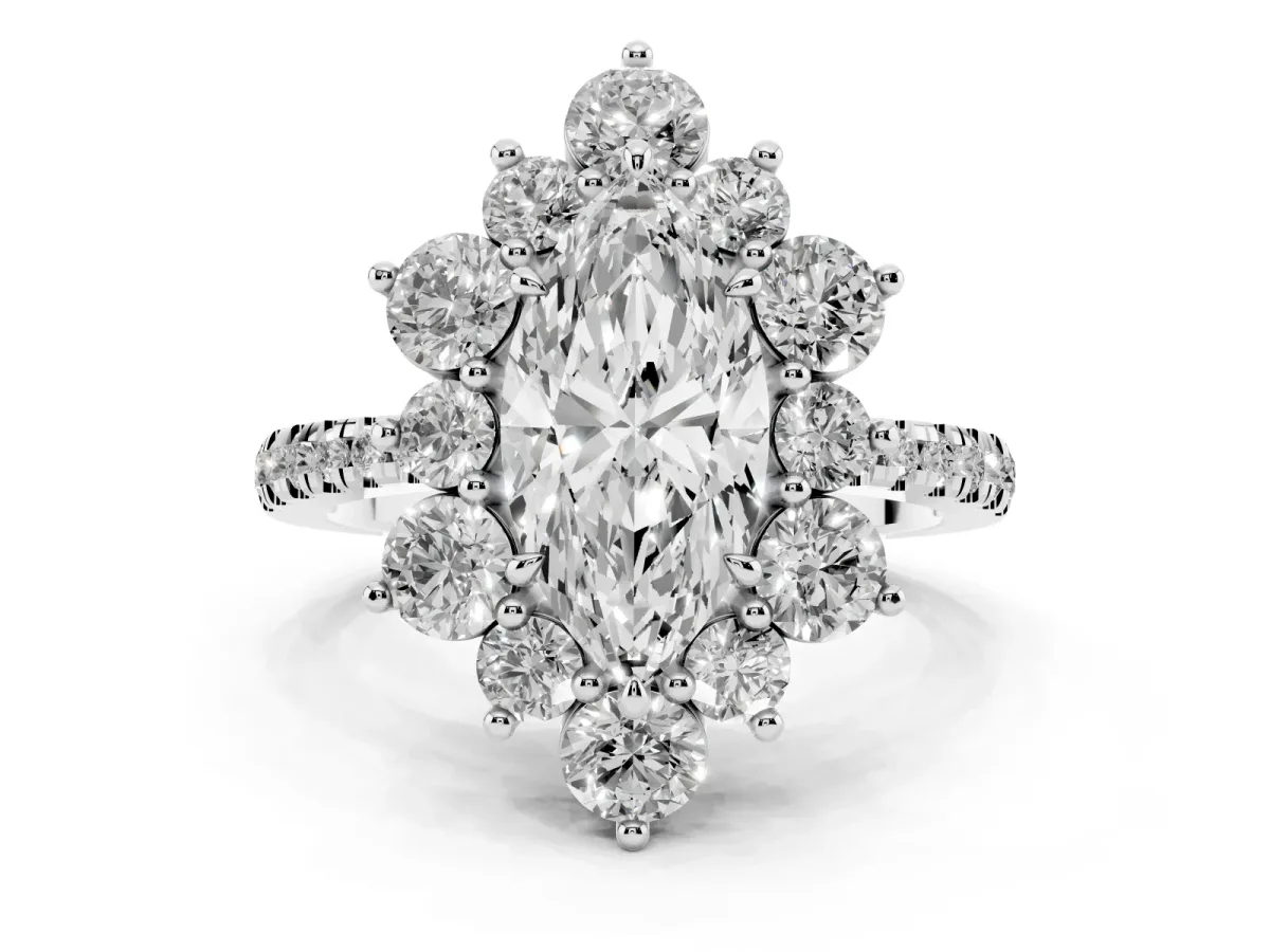 Marquise Cut Diamond Floral Halo Ring with Round Pavé Band and Prong Setting Silver