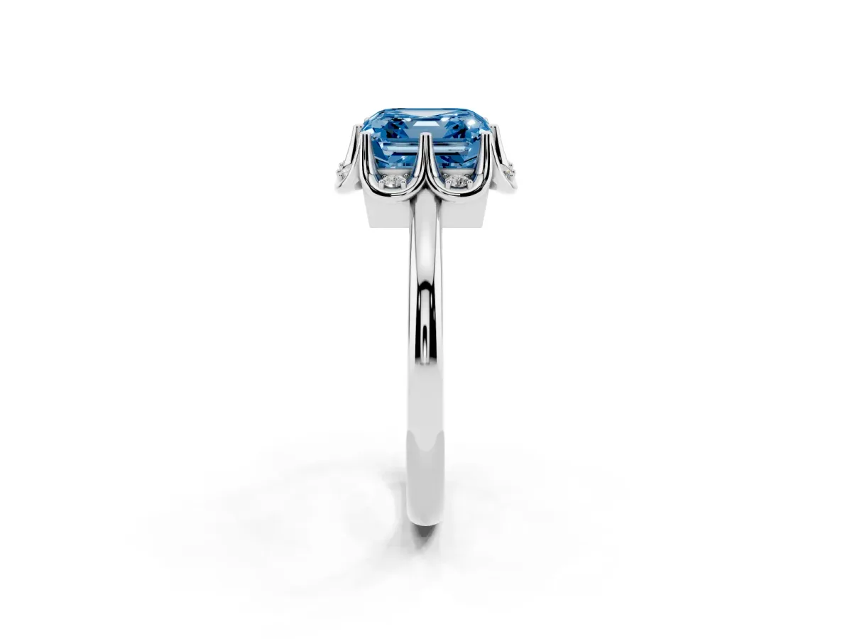 Fancy Blue Asscher Cut Halo Diamond Ring with Round Cluster Setting, Solitaire Band, and Four-Prong Setting Silver