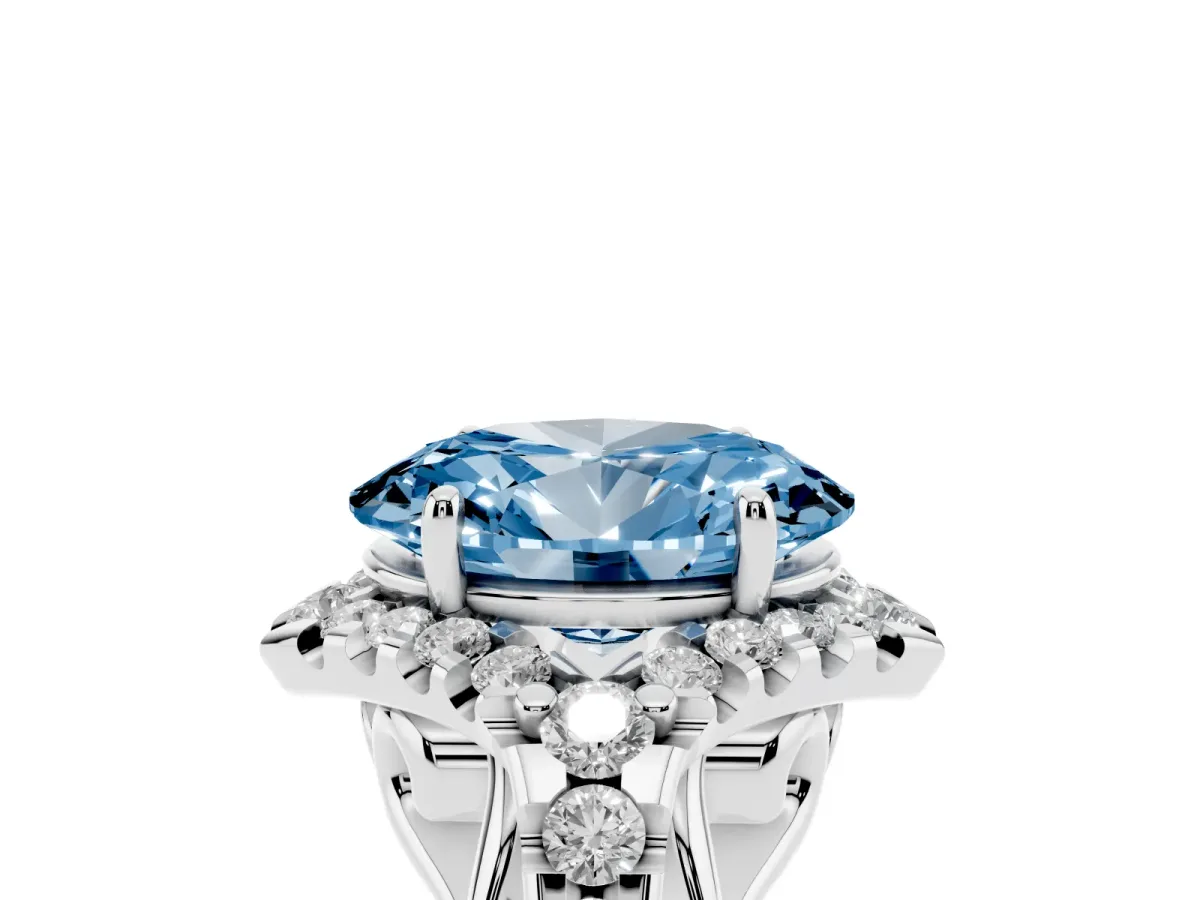 Fancy Blue Oval Cut Diamond Solitaire Ring with Hidden Halo and Pavé Band Platinum
