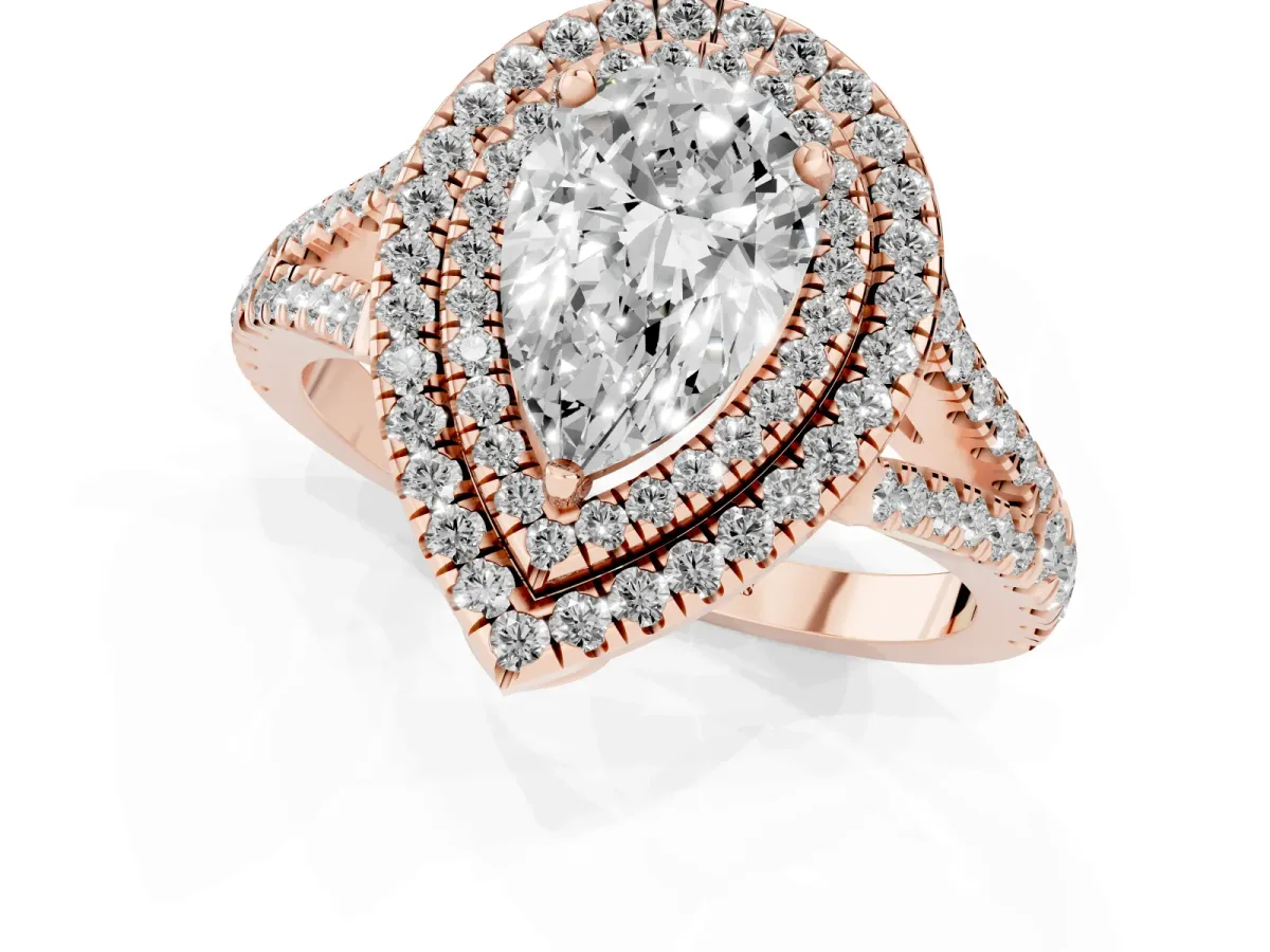 Pear Cut Diamond Double Halo Ring with Pavé Band and Prong Setting Rose gold