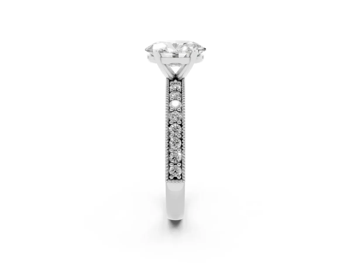 Oval Cut Diamond Milgrain Pavé Engagement Ring with Four-Prong Setting White gold