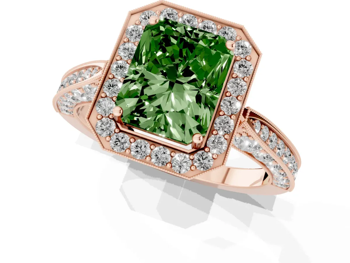 Fancy Green Radiant Cut Halo Diamond Engagement Ring with Split Shank Band and Four-Prong Setting Rose gold