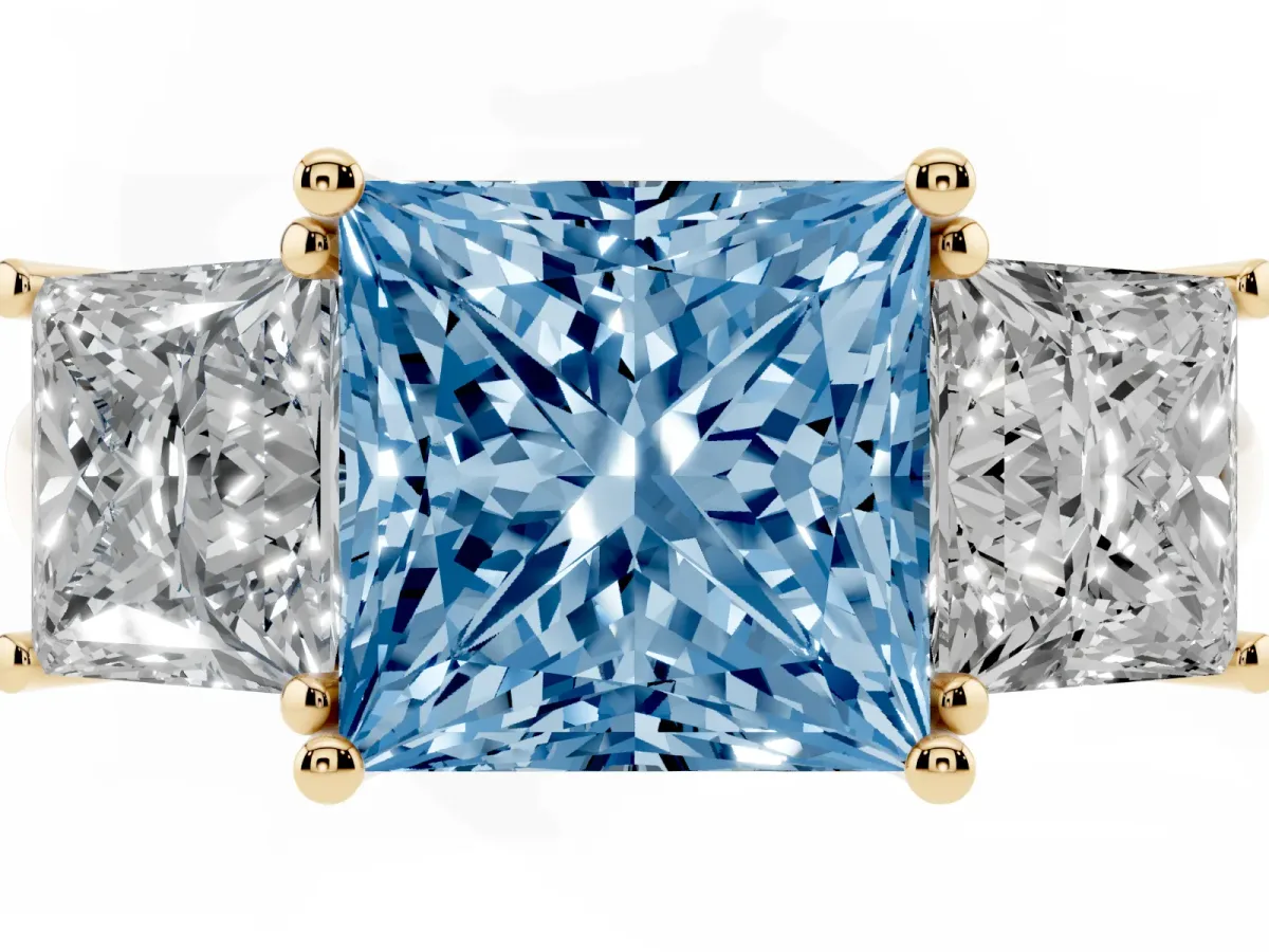 Fancy Blue Three-Stone Princess Cut Diamond Engagement Ring with Prong Setting Yellow gold