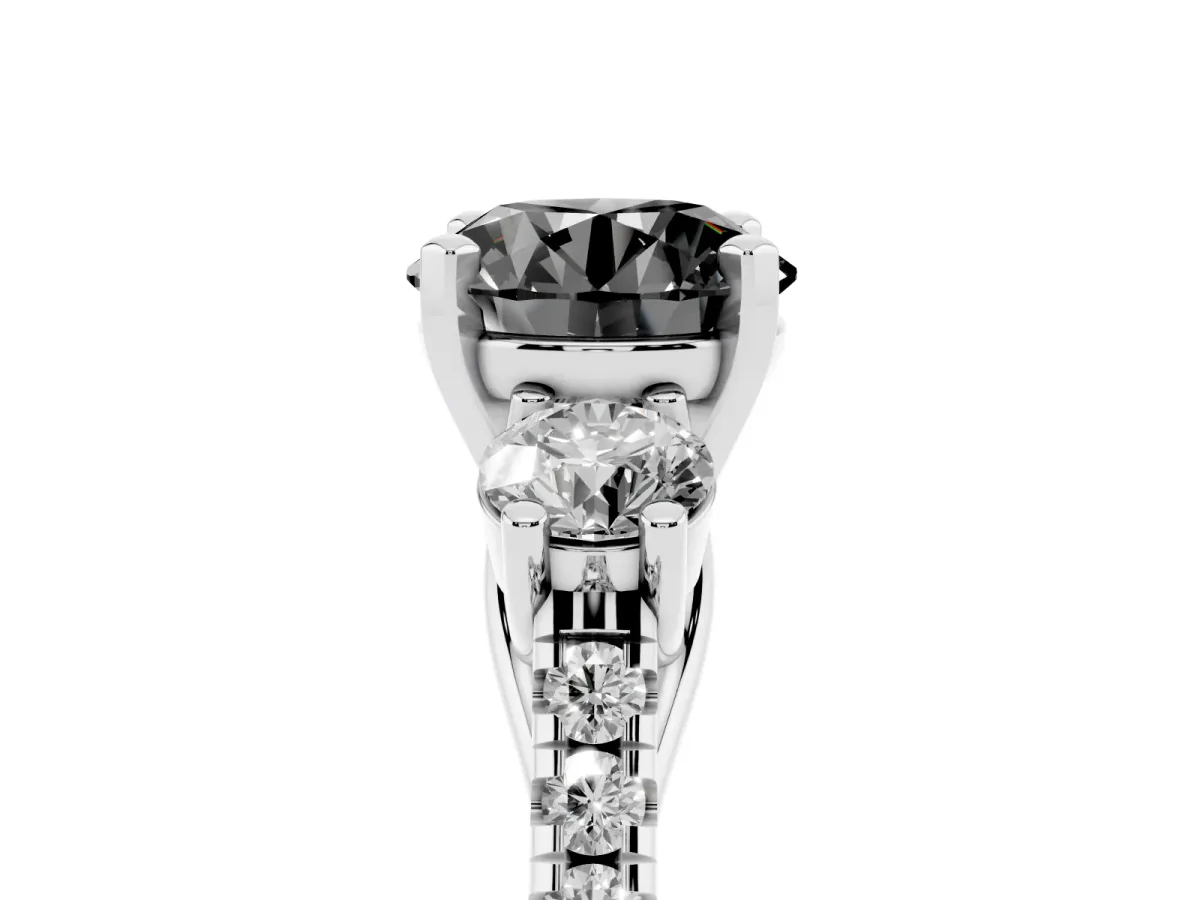 Fancy Black Three-Stone Round Cut Diamond Pavé Band with Four-Prong Setting Silver