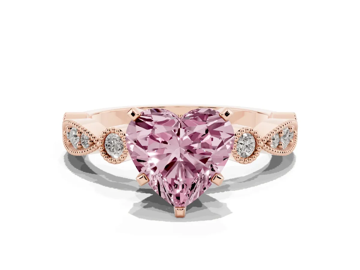 Fancy Pink Heart Cut Milgrain Bezel Diamond Engagement Ring with Solitaire Prong Setting Rose gold