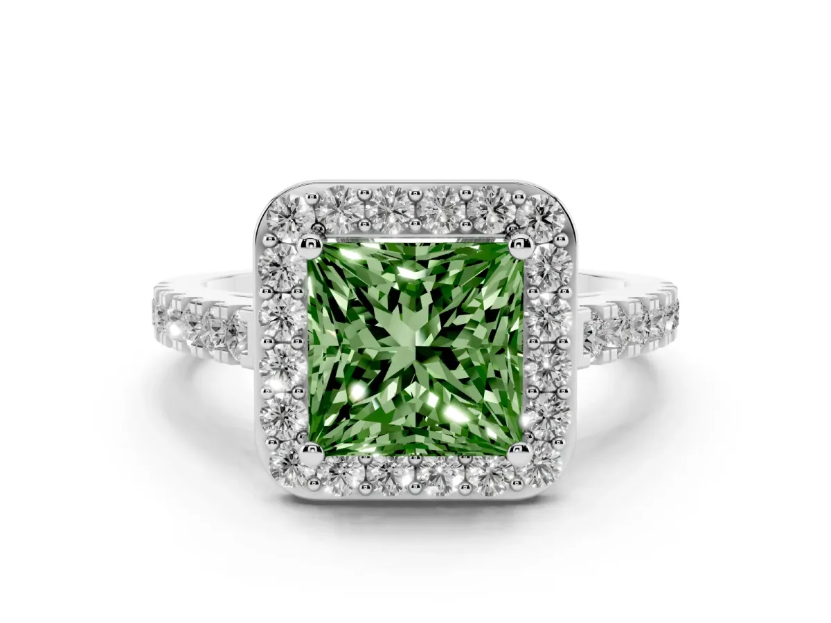 Fancy Green Princess Cut Diamond Halo Ring with Round Pavé Split Shank and Prong Setting White gold