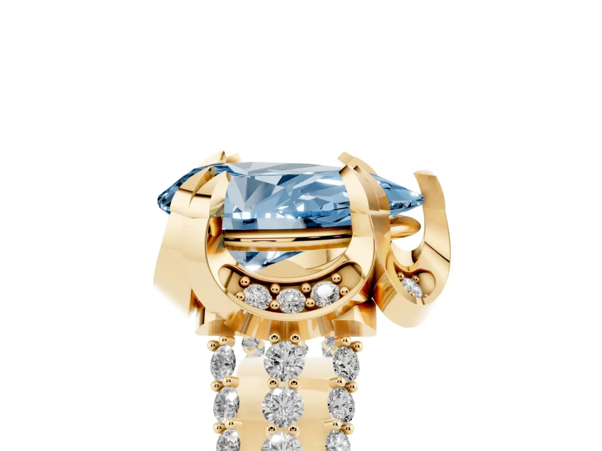 Fancy Blue Pear Cut Solitaire Pave Split Shank Ring with Four-Prong Setting Yellow gold