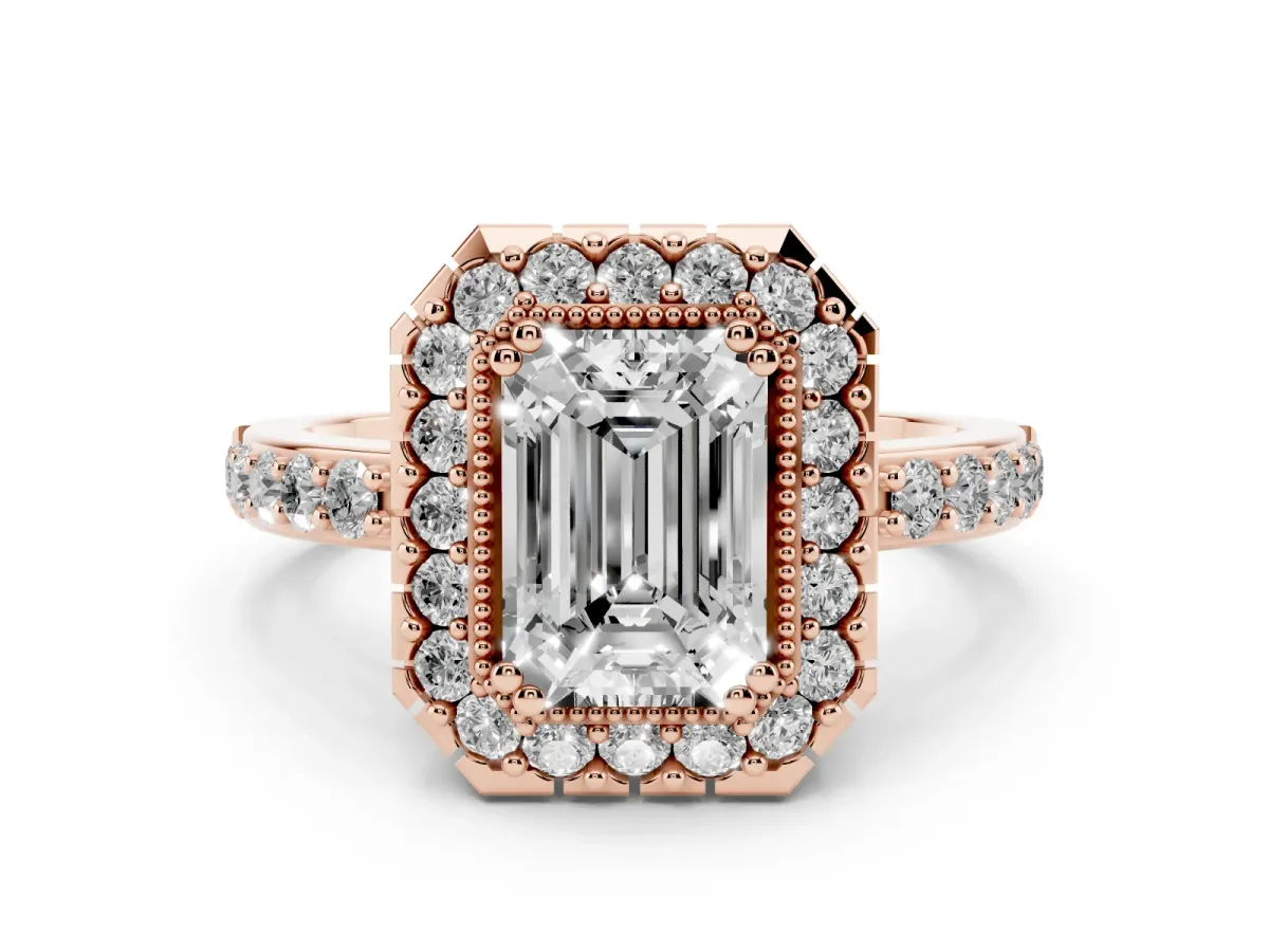 Emerald Cut Diamond Halo Ring with Pavé Band and Prong Setting Rose gold