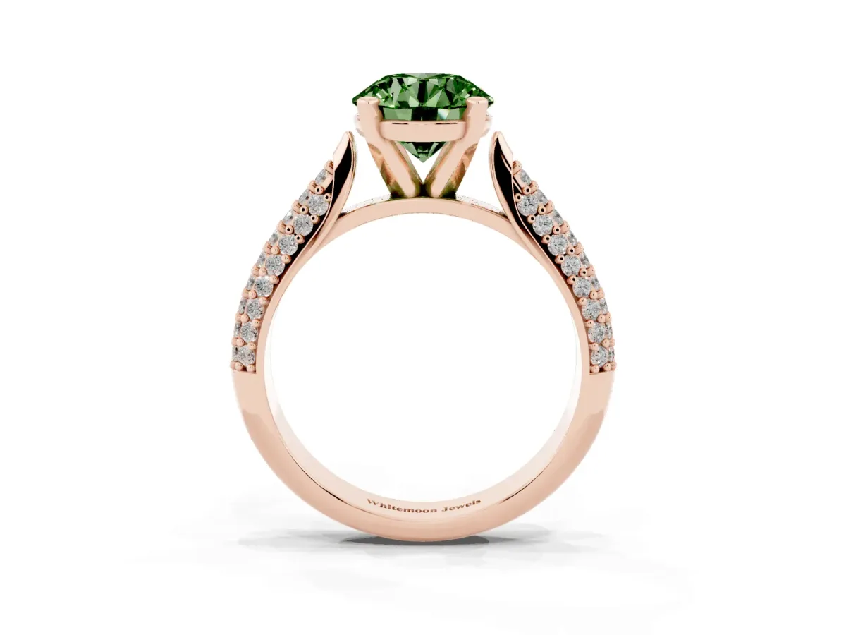 Fancy Green Round Cut Diamond Solitaire Engagement Ring with Multi-Row Round Pavé Band and Prong Setting Rose gold