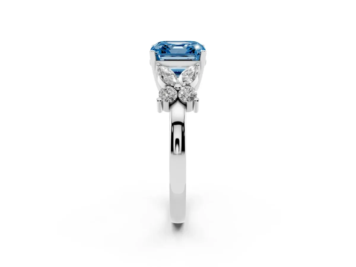 Fancy Blue Asscher Cut Diamond Floral Cluster Ring with Solitaire Band and Prong Setting Platinum