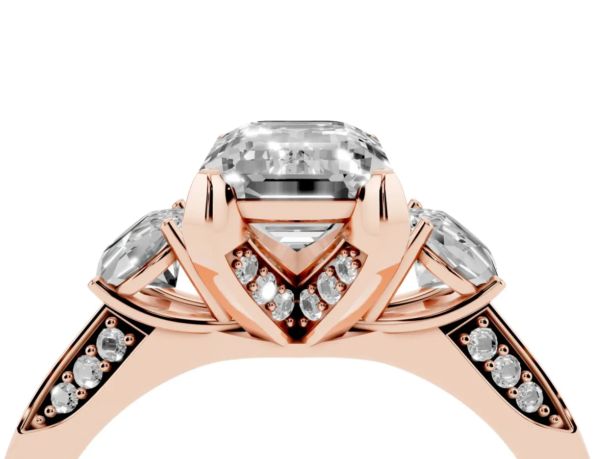 Emerald Cut Brilliant Three-Stone Diamond Ring with Pavé Band and Four-Prong Setting Rose gold