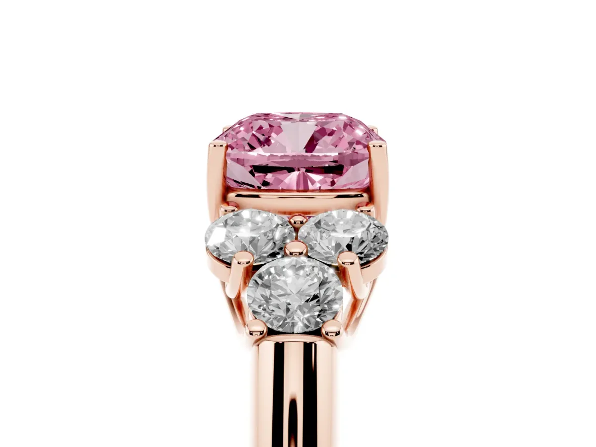 Fancy Pink Cushion Cut Cut Diamond Cluster Ring with Round Accent Stones and Prong Setting on a Classic Band Rose gold