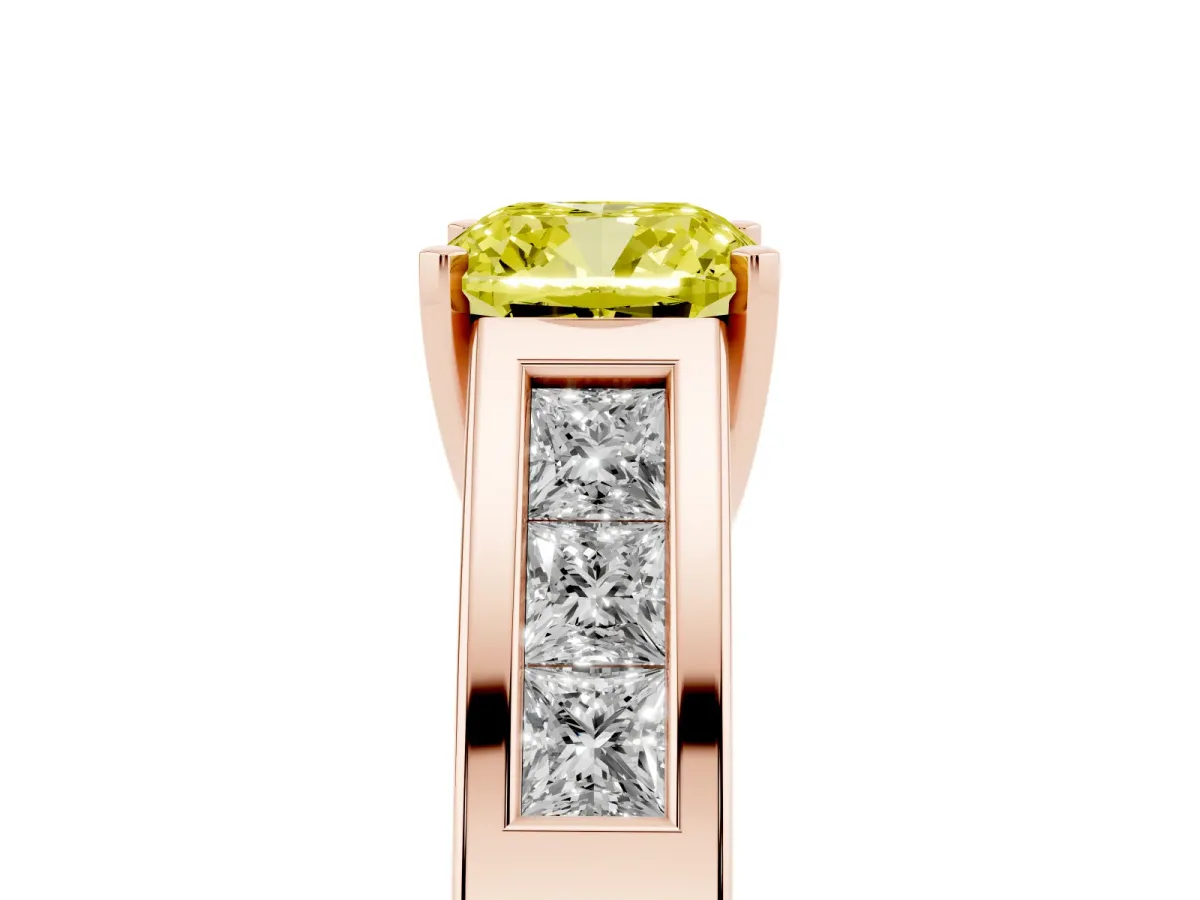 Fancy Yellow Cushion Cut Cut Channel Set Solitaire Ring with Four-Prong Setting Rose gold