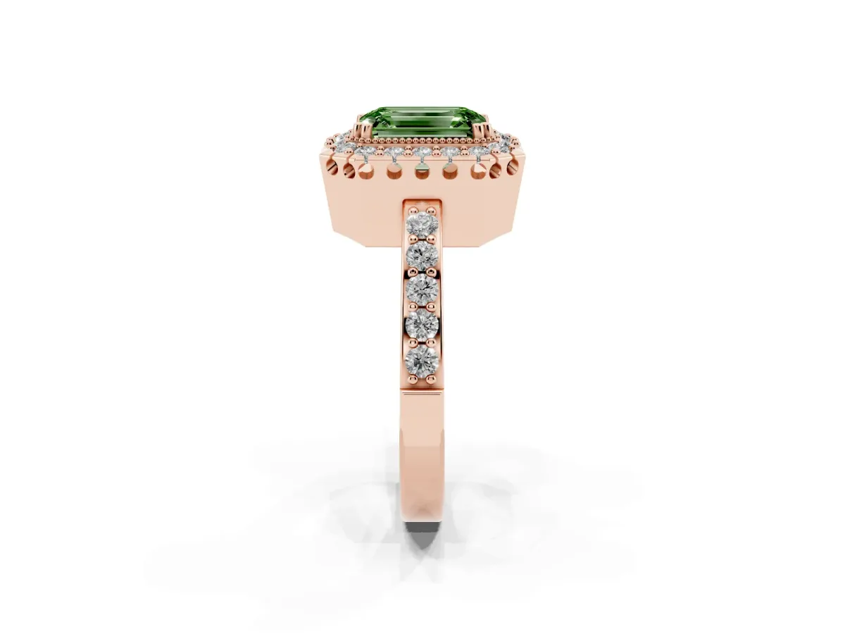 Fancy Green Emerald Cut Diamond Halo Ring with Pavé Band and Prong Setting Rose gold
