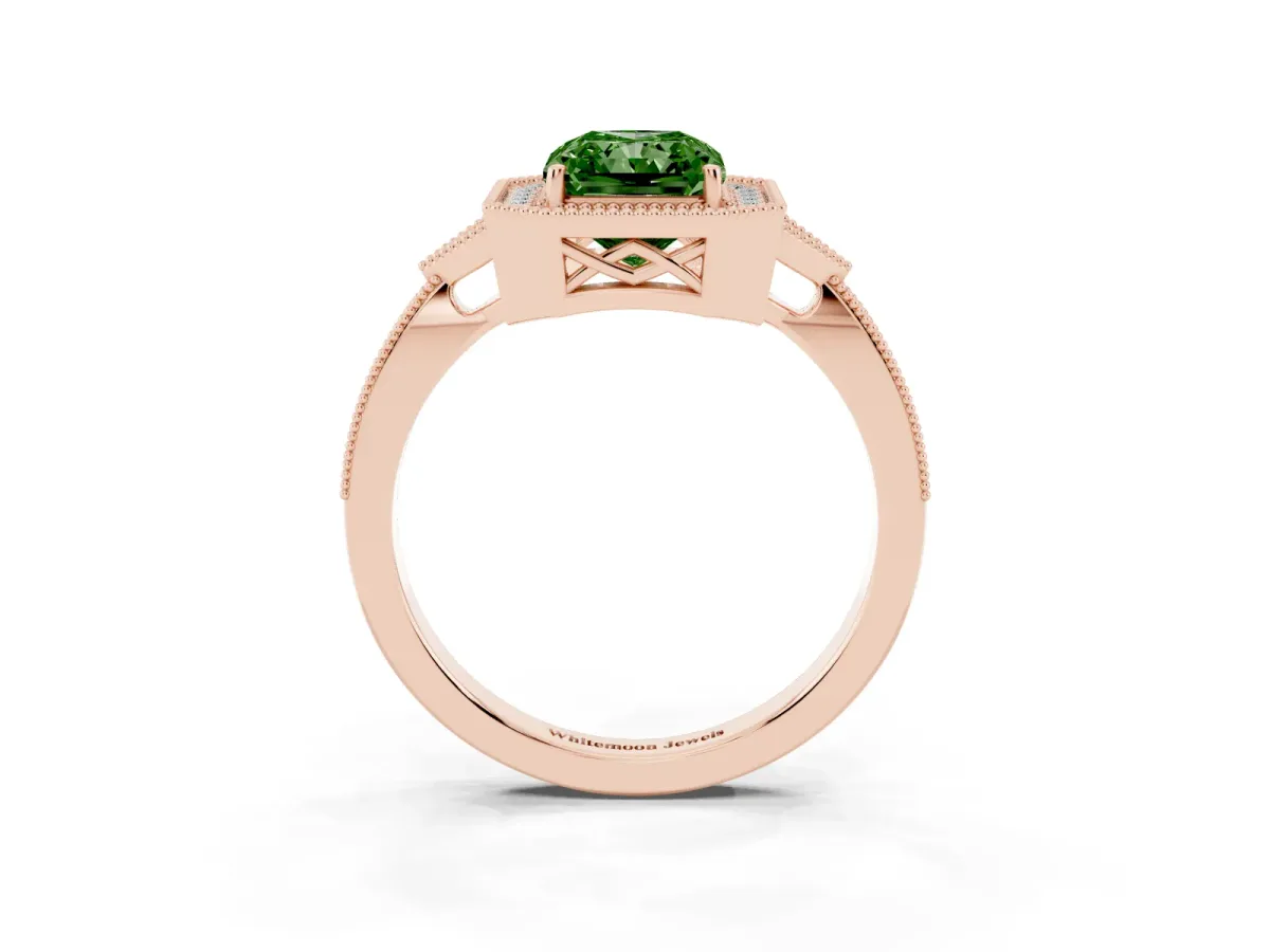 Fancy Green Radiant Cut Halo Round Diamond Milgrain Pave Engagement Ring Rose gold