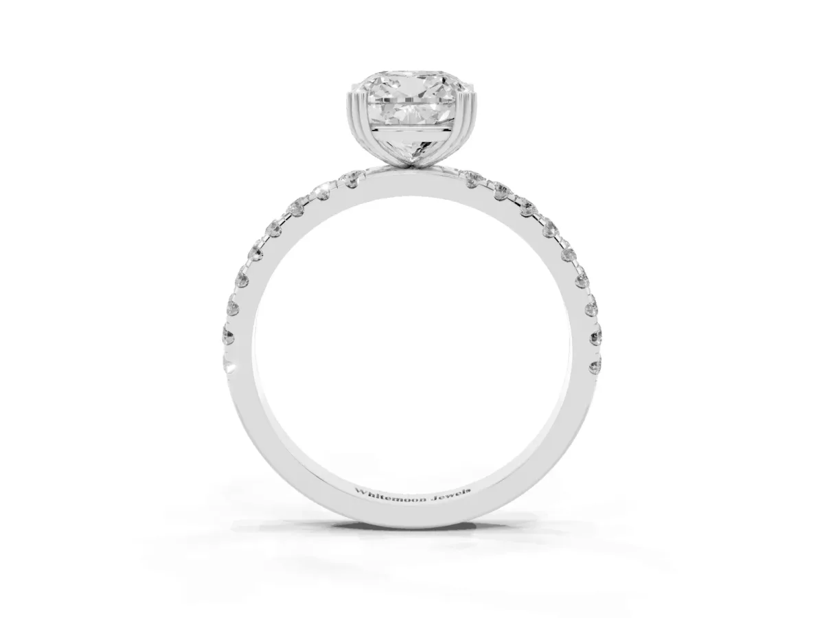 Cushion Cut Brilliant Solitaire with Pavé Band and Claw Prong Setting White gold