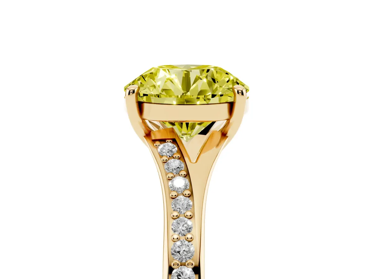 Fancy Yellow Round Cut Diamond Solitaire Ring with Pavé Band and Prong Setting Yellow gold