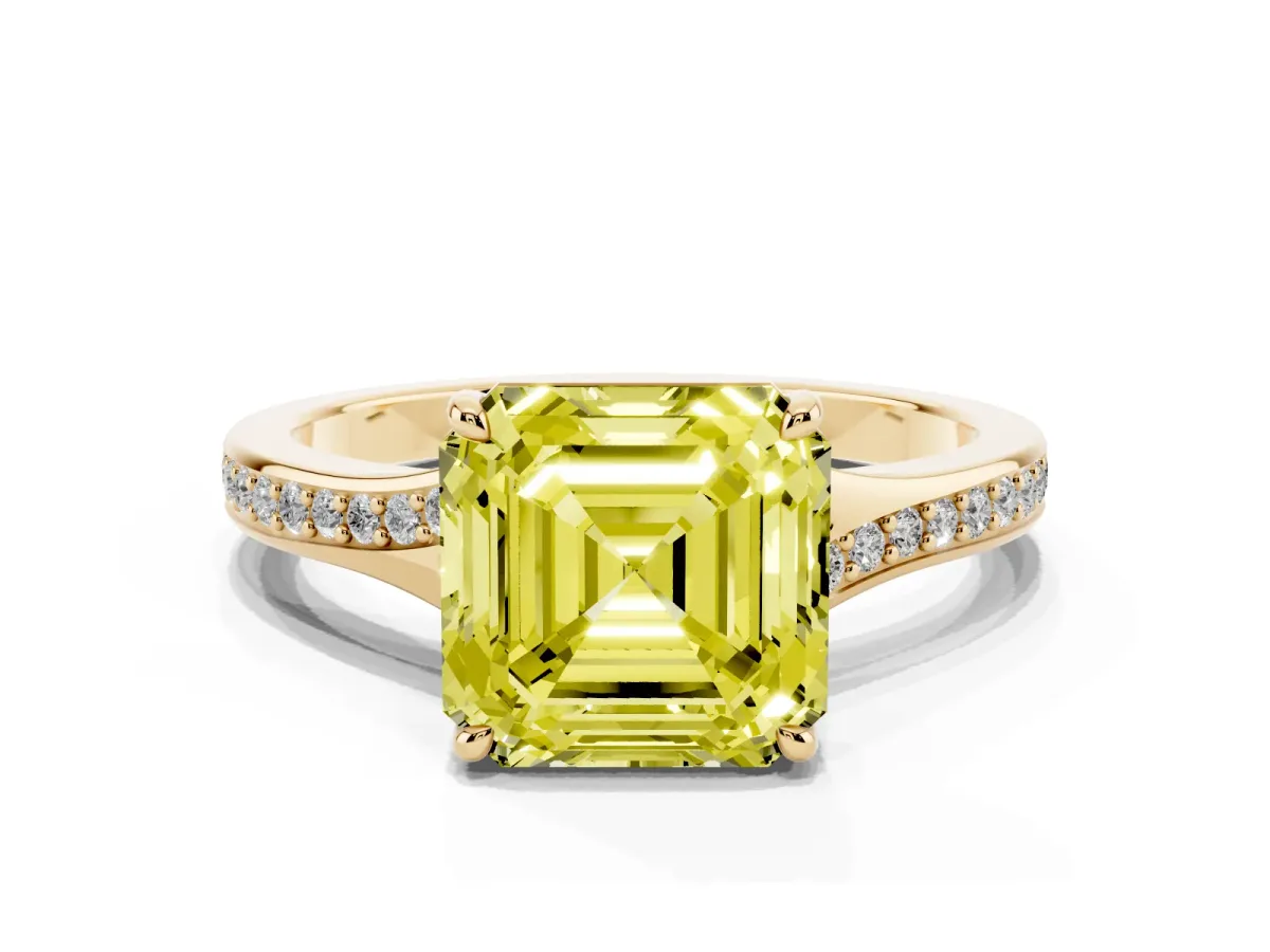 Fancy Yellow Asscher Cut Diamond Solitaire Ring with Pavé Band and Prong Setting Yellow gold