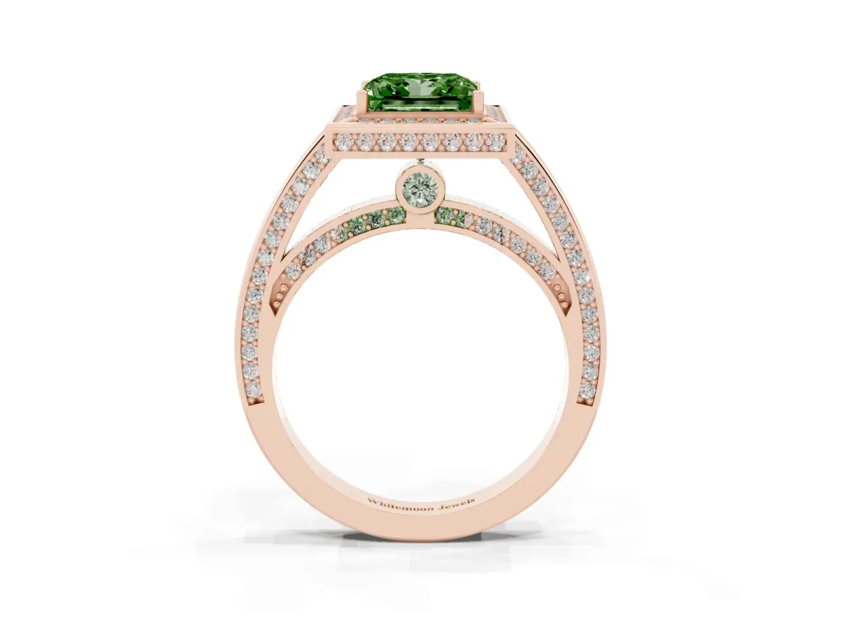 Fancy Green Princess Cut Cut Halo Pave Split Shank Prong Setting Ring Rose gold
