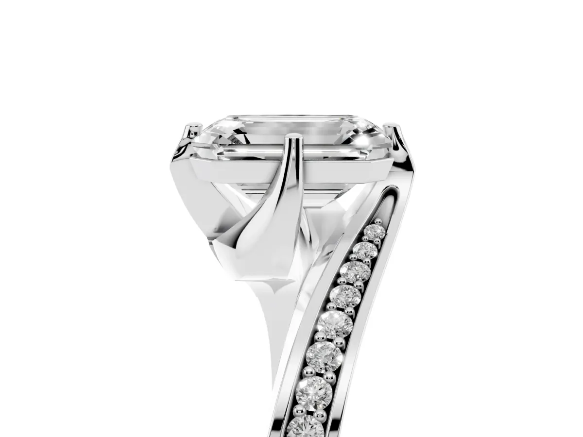 Emerald Cut Solitaire Diamond Twist Band with Pavé Setting and Four-Prong Setting Silver