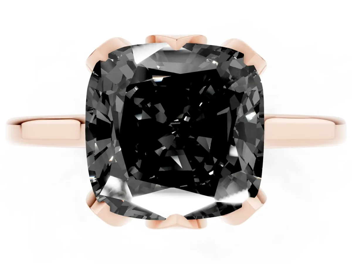 Fancy Black Cushion Cut Diamond Solitaire Ring with Flower Prong Setting and Classic Band Rose gold