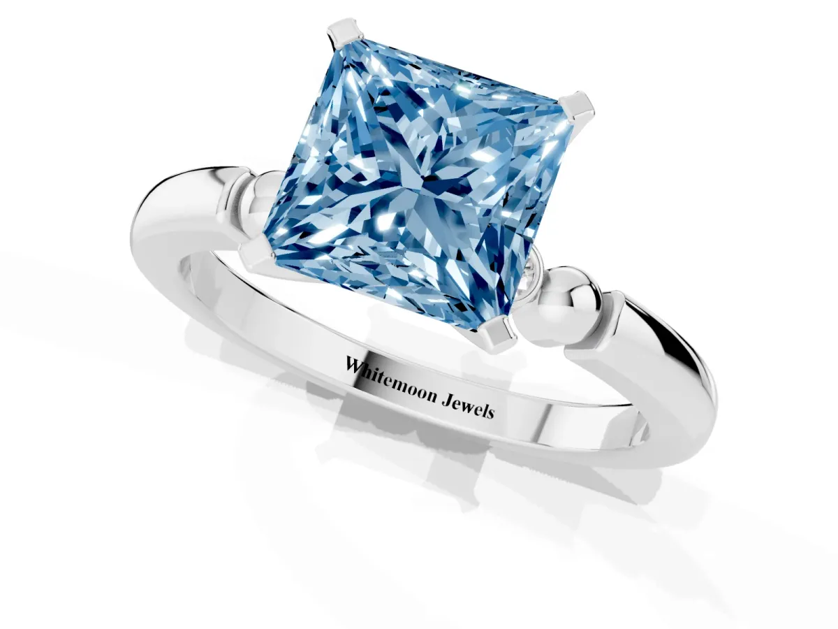 Fancy Blue Princess Cut Solitaire Beaded Band with Four-Prong Setting White gold