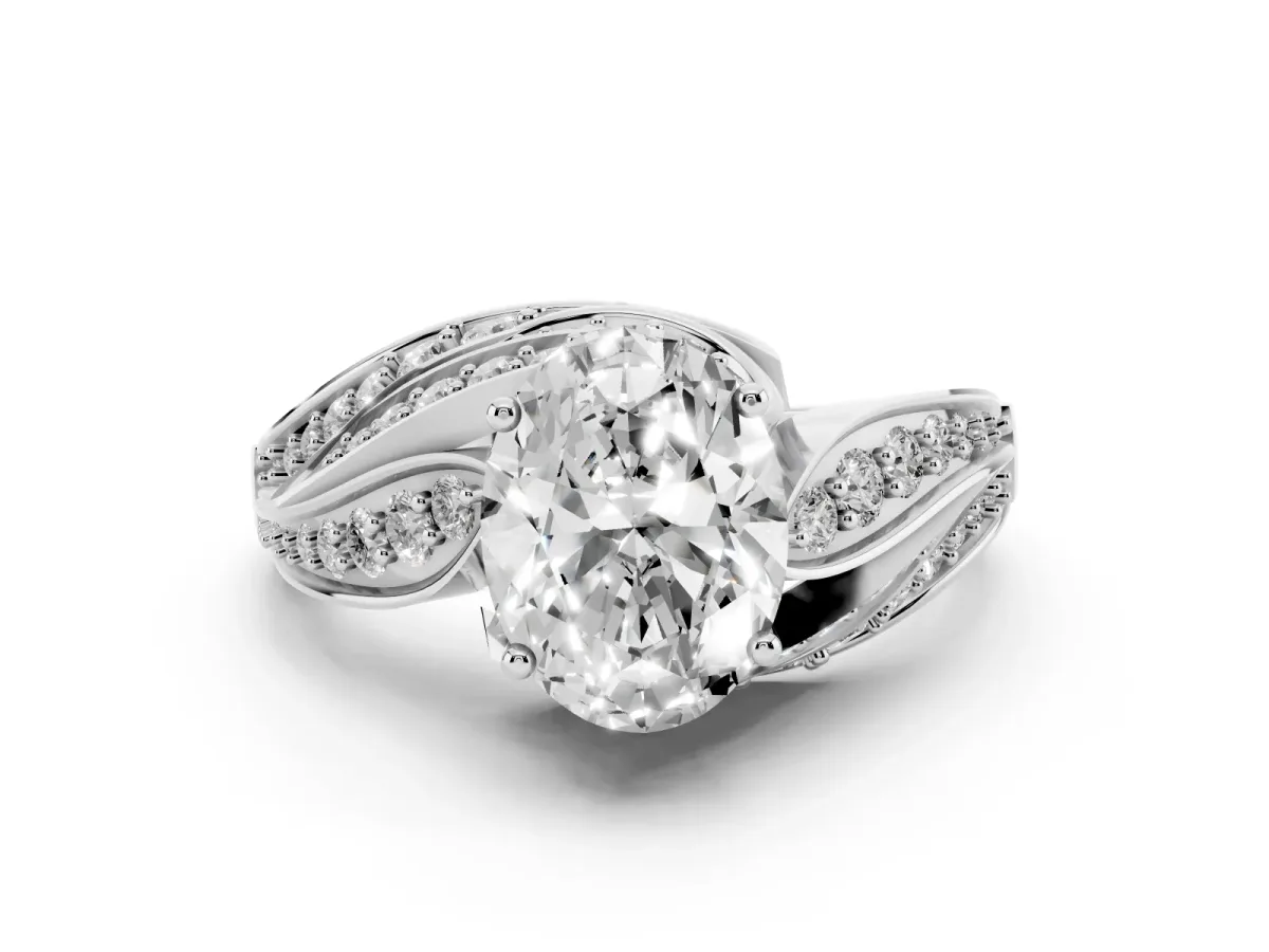 Oval Cut Diamond Solitaire Ring with Prong Setting and Twisted Pavé Band Silver