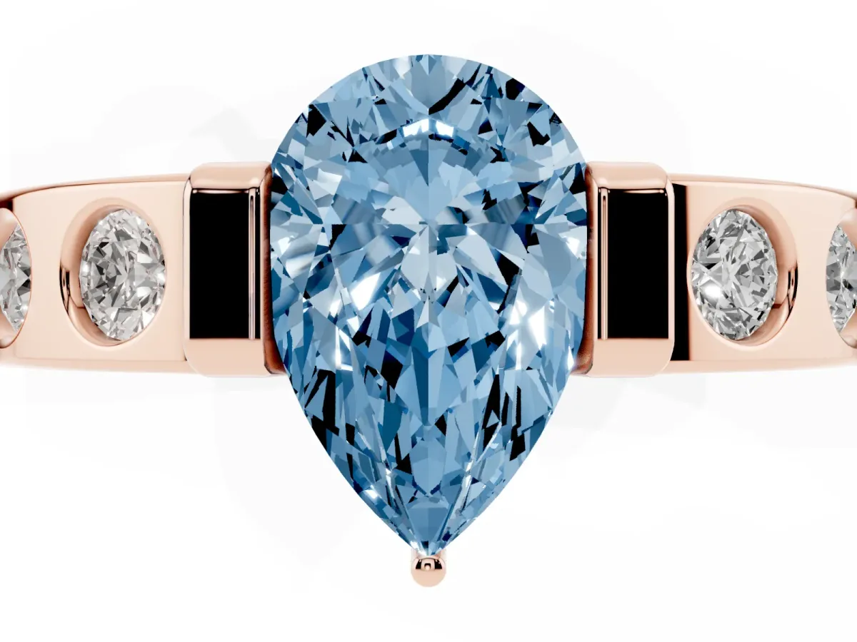 Fancy Blue Pear Cut Brilliant Channel-Set Diamond Ring with Bezel Prong Setting Rose gold