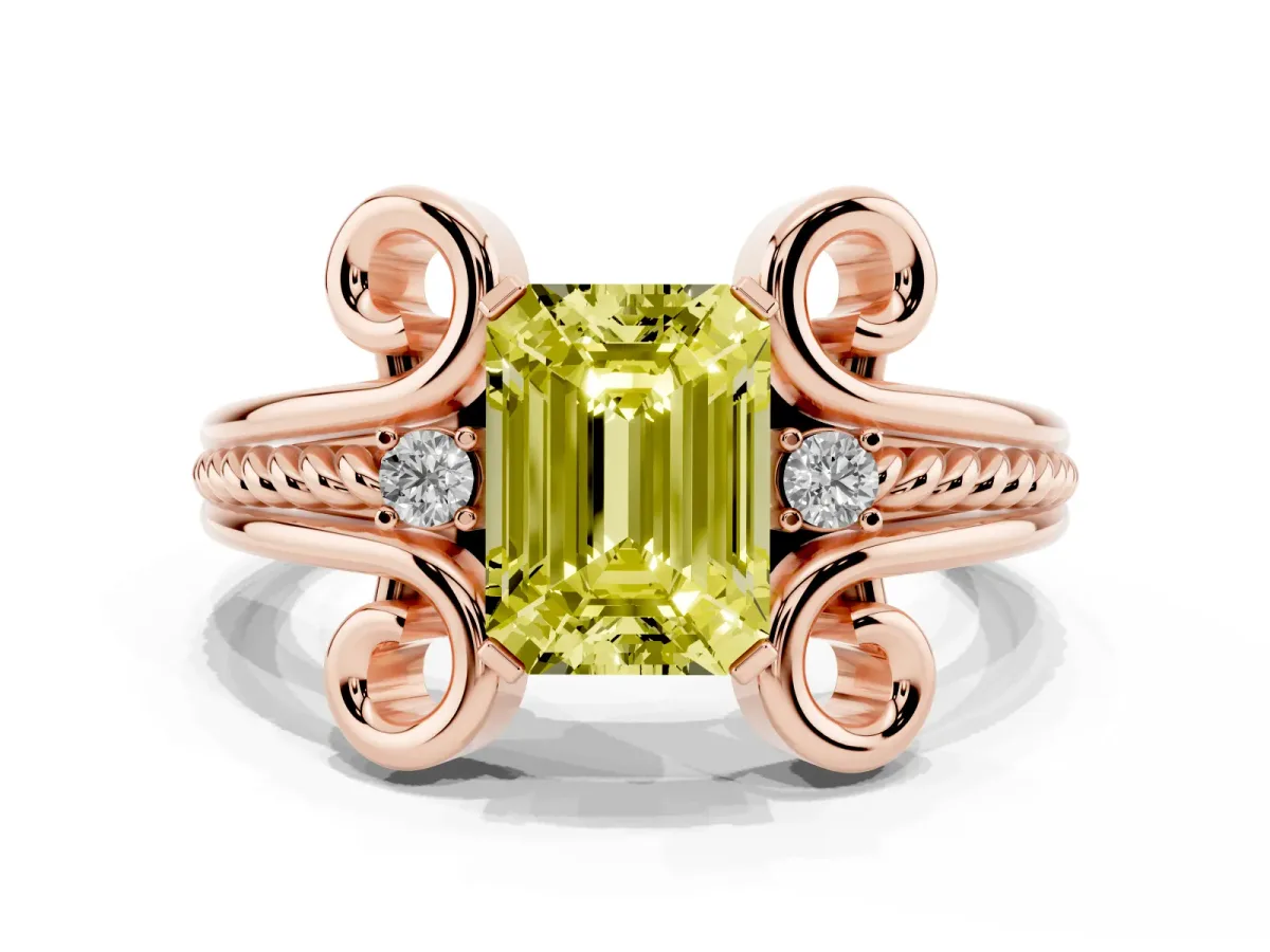 Fancy Yellow Emerald Cut Solitaire Twisted Band Scroll Prong Ring Rose gold
