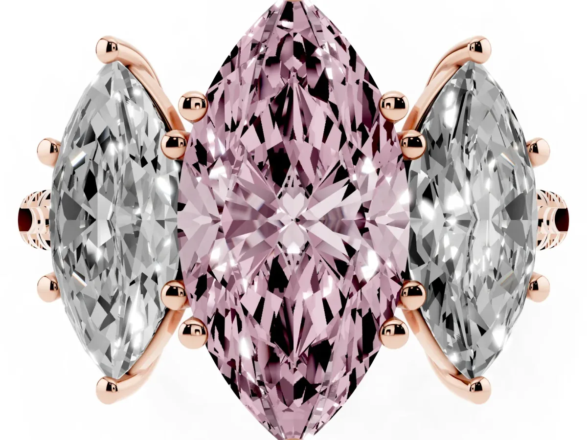 Fancy Pink Three-Stone Marquise Cut Diamond Ring with Round Pavé Band and Prong Setting Rose gold