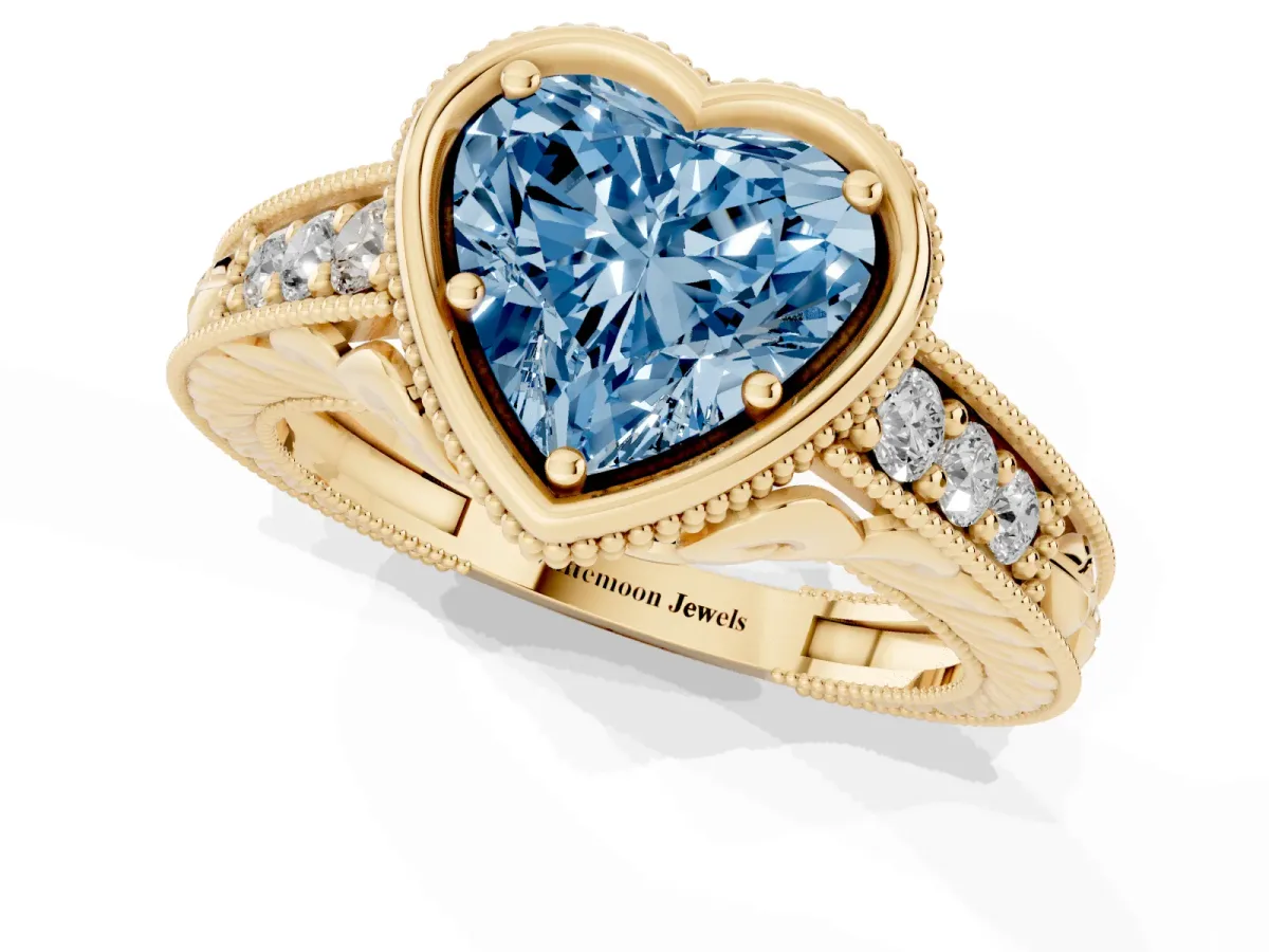 Fancy Blue Bezel Set Heart Cut Diamond Milgrain Pave Engagement Ring Yellow gold