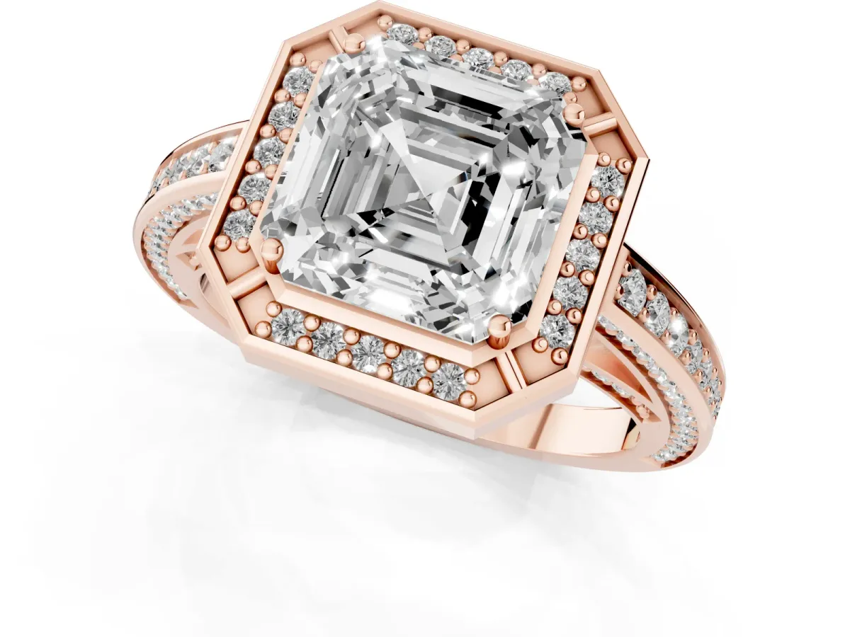 Asscher Cut Cut Halo Pave Split Shank Prong Setting Ring Rose gold