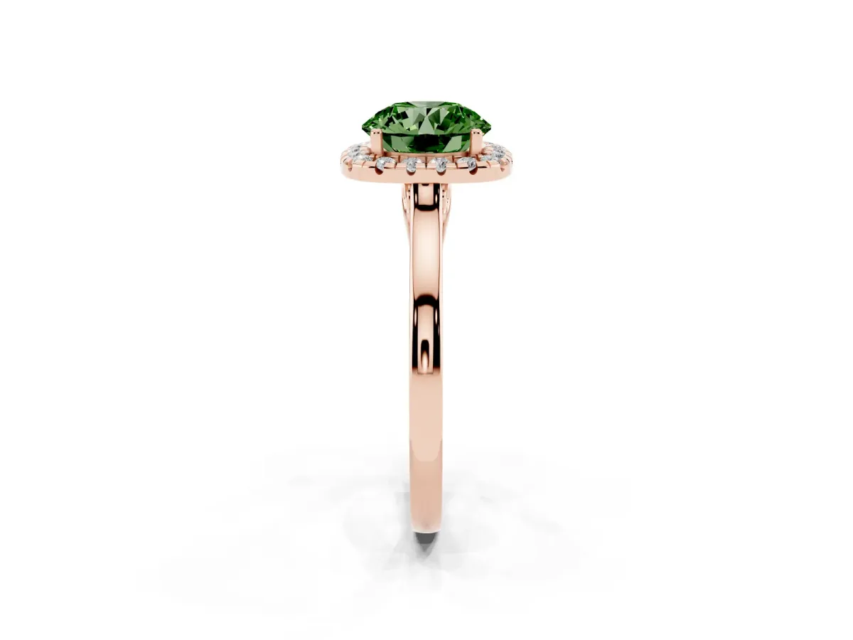 Fancy Green Round Cut Halo Round Diamond Solitaire Ring with Pavé Band and Four-Prong Setting Rose gold