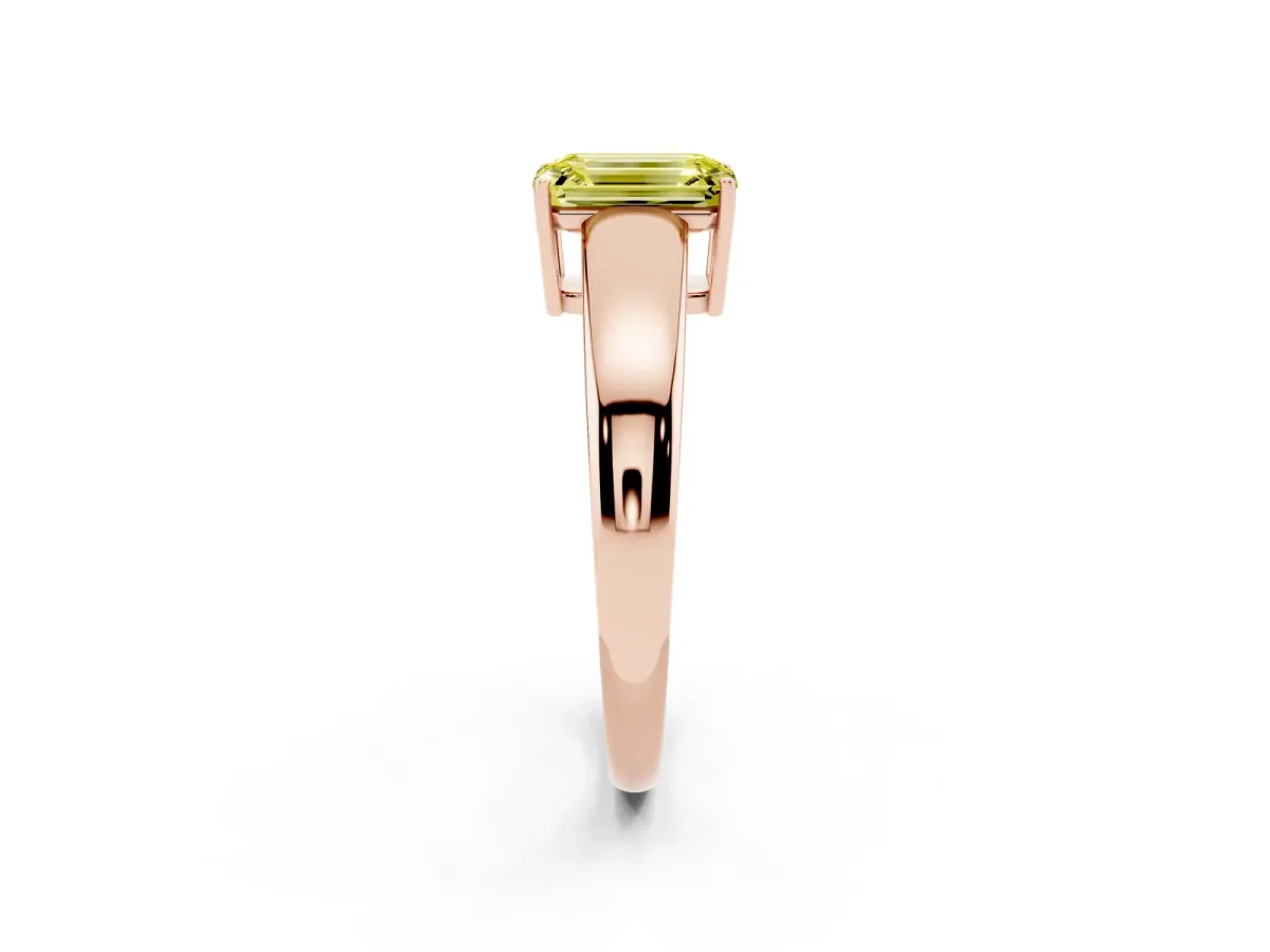 Fancy Yellow Emerald Cut Solitaire Diamond Ring with Tapered Band and Four-Prong Setting Rose gold