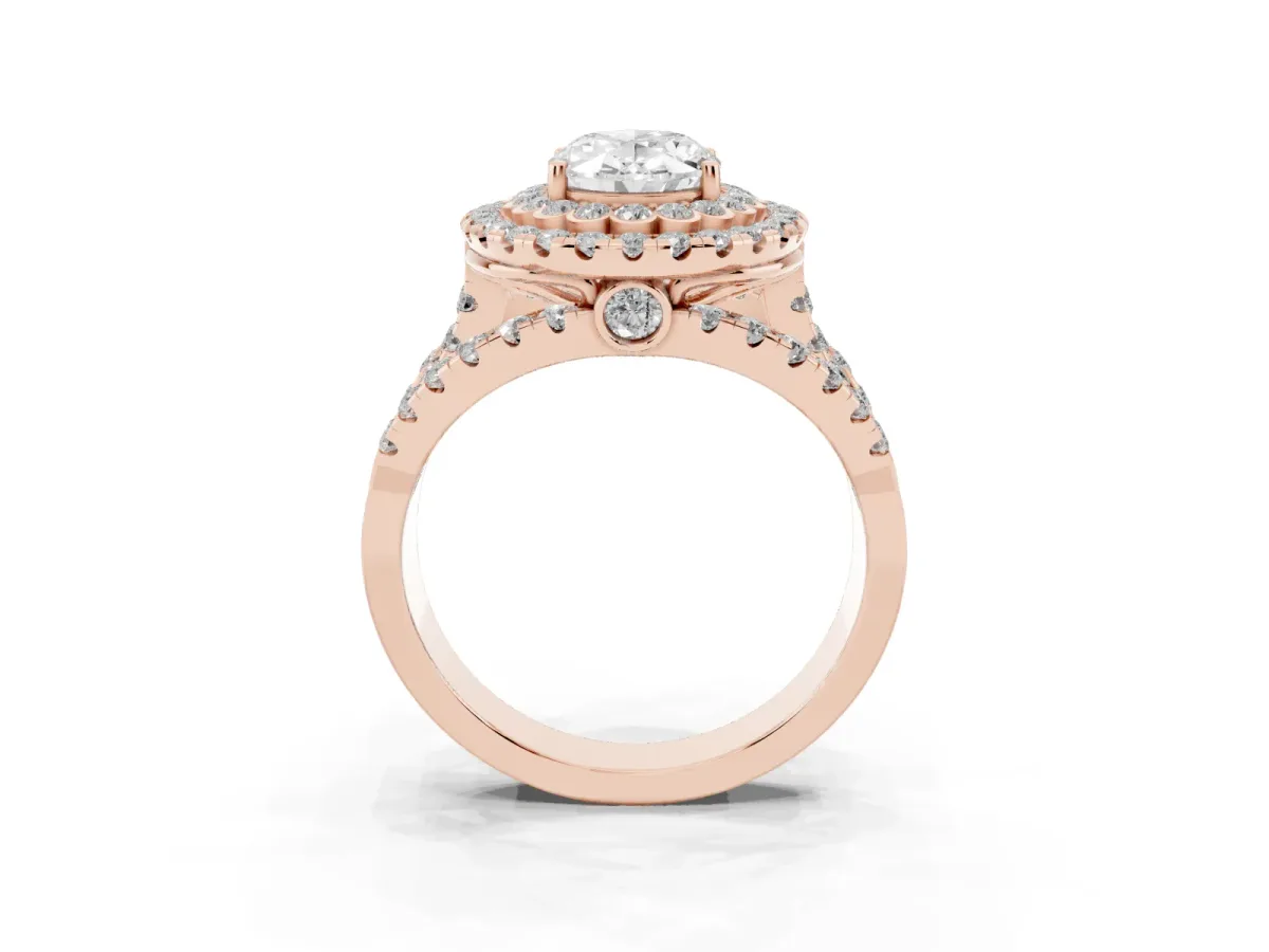 Oval Cut Diamond Double Halo Ring with Round Pavé Split Shank and Prong Setting Rose gold