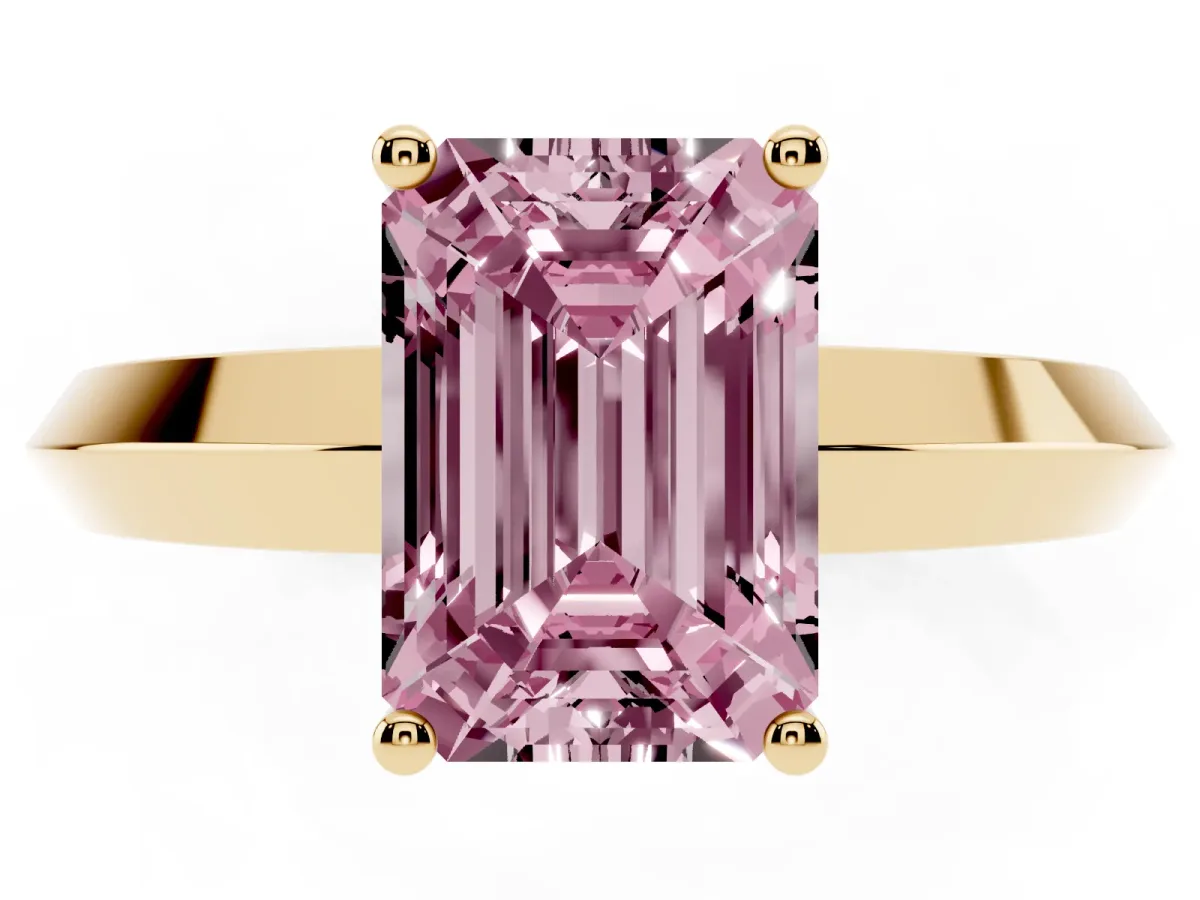 Fancy Pink Emerald Cut Cut Solitaire Engagement Ring with Flat Band and Four-Prong Setting Yellow gold