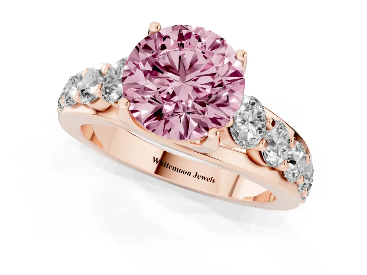 Fancy Pink Round Cut Diamond Engagement Ring with Pavé Band and Four-Prong Setting Rose gold