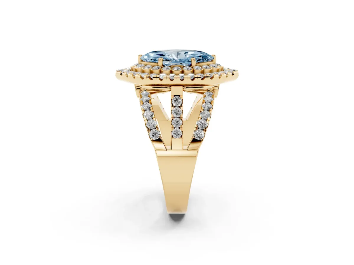 Fancy Blue Marquise Cut Diamond Double Halo Ring with Round Pavé Split Shank and Prong Setting Yellow gold