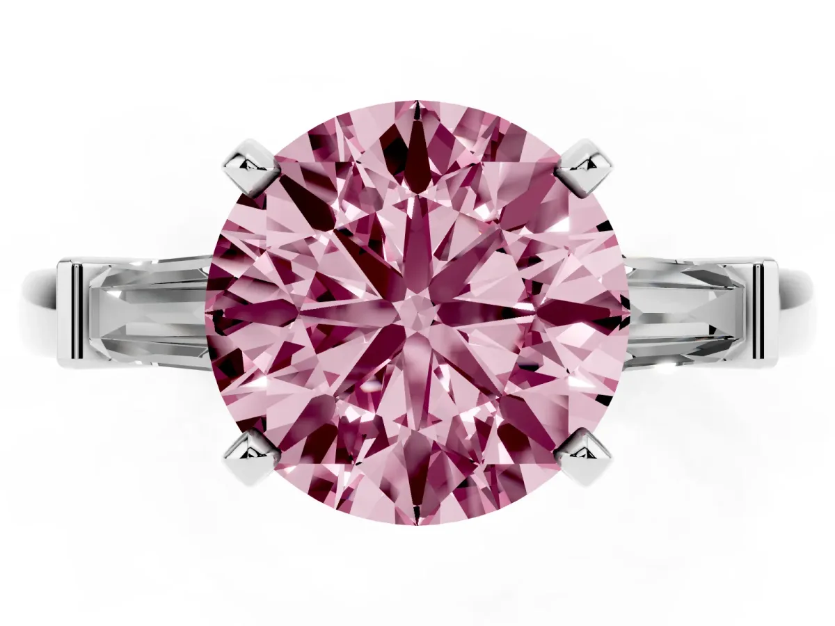 Fancy Pink Round Cut Cut Diamond Solitaire Ring with Tapered Baguette Accents and Four-Prong Setting Silver