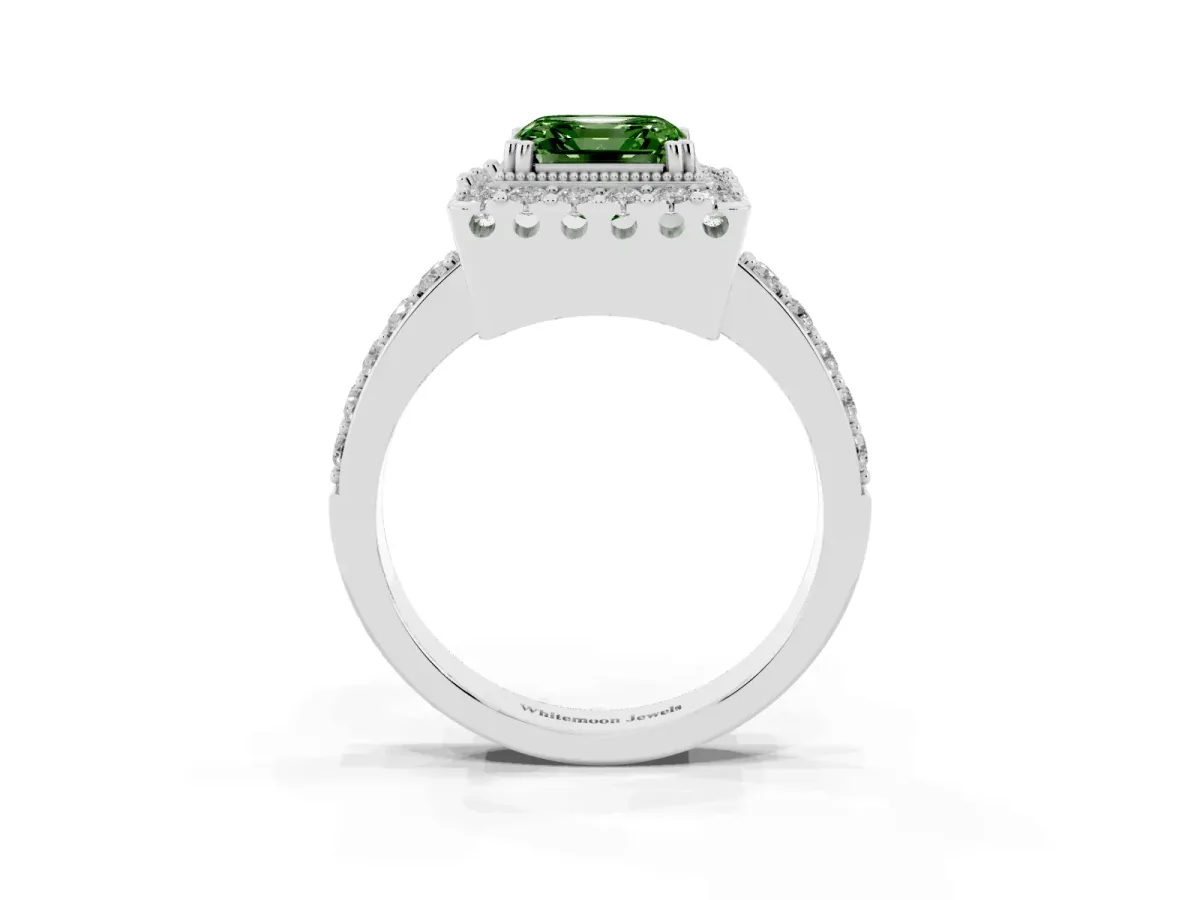 Fancy Green Asscher Cut Diamond Halo Ring with Pavé Band and Prong Setting White gold