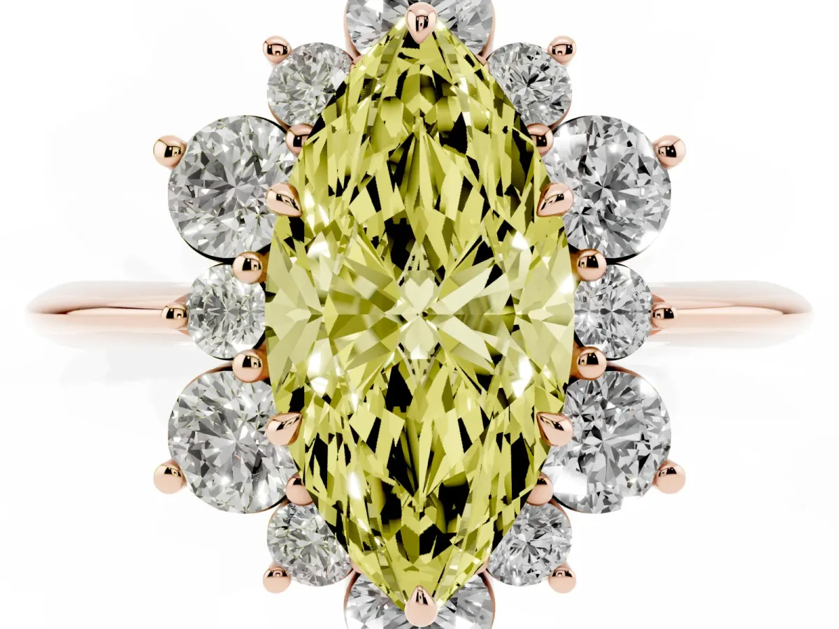 Fancy Yellow Marquise Cut Diamond Cluster Halo Ring with Solitaire Band and Four-Prong Setting Rose gold
